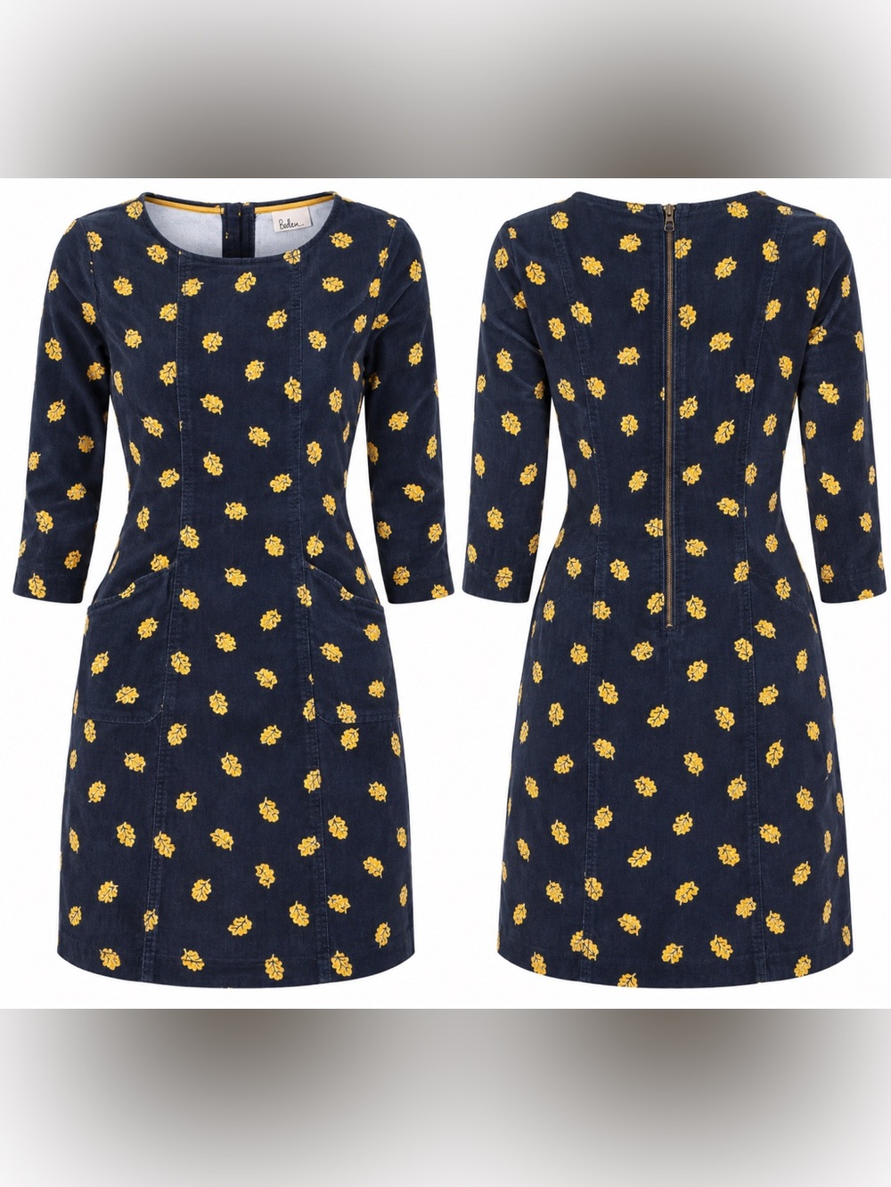 Boden Navy Corduroy Oak Leaf Print Dress Yellow Botanical 3/4 Sleeve
